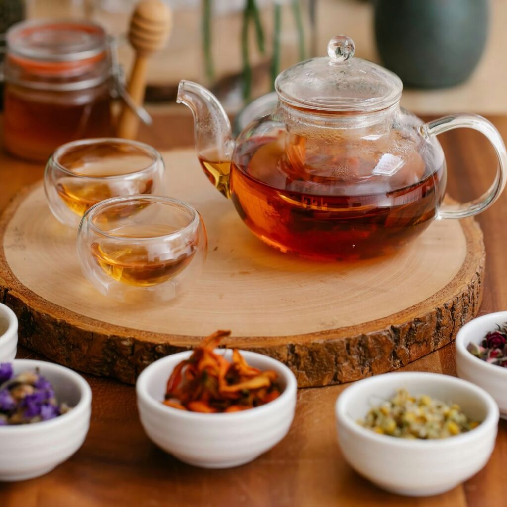 Calming herbal teas like Brahmi, Jatamansi, and chamomile used to relax the mind and support patterns described in the Classification of Mental Disorders in Ayurveda