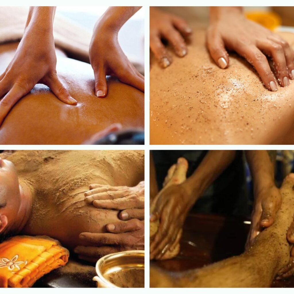 Abhyanga oil massage and body scrub massage therapies including Utsadana and Udvartana for relaxation, exfoliation, and improved circulation