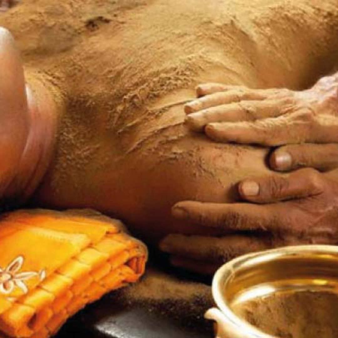 Ruksha Udvartana dry powder technique in full body scrub massage for reducing stiffness and heaviness