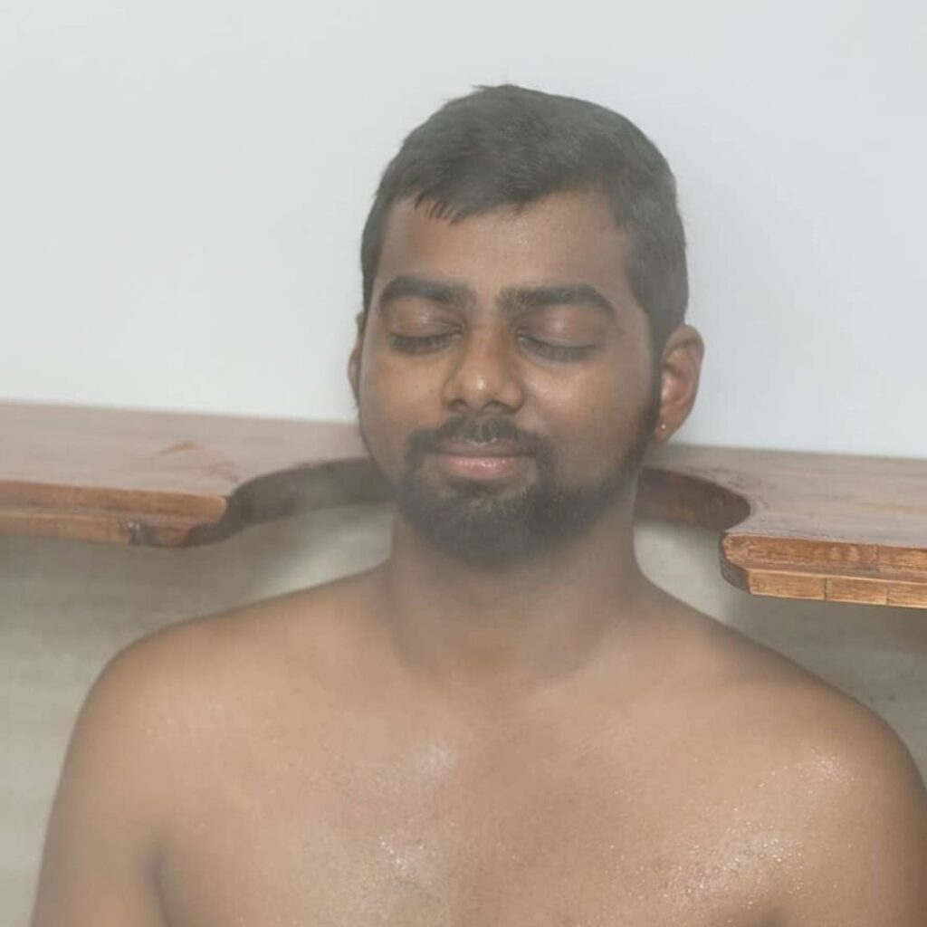 Swedana Ayurvedic steam therapy promoting natural stress relief, detoxification, and muscle relaxation