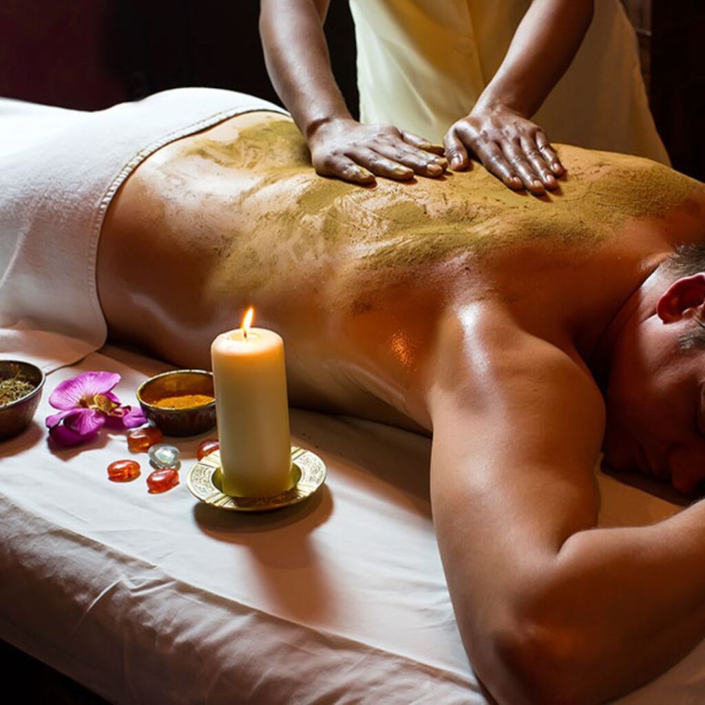 Udvartana Ayurvedic powder massage as one of the types of Ayurvedic massage for detoxification and body stimulation