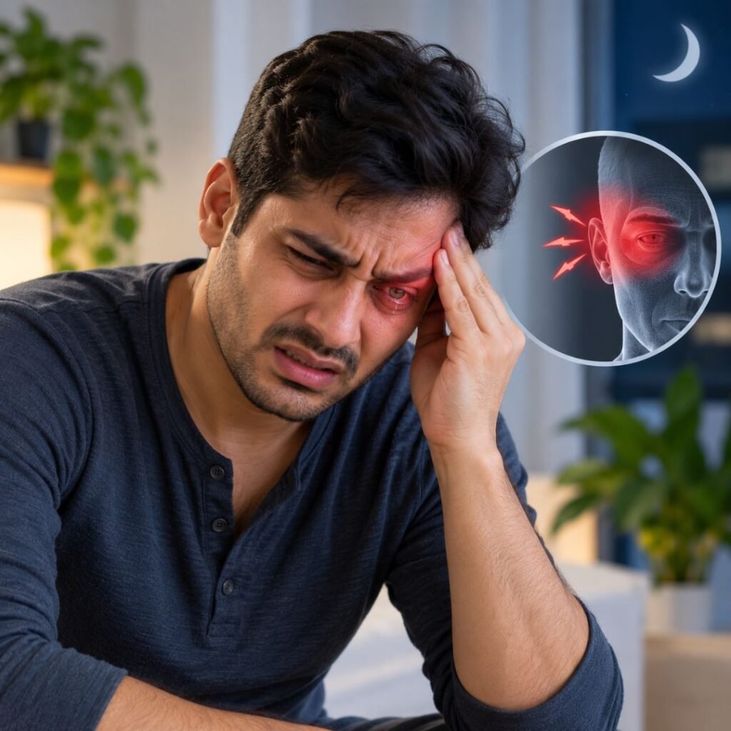 Man experiencing severe one-sided eye and temple pain associated with cluster headache