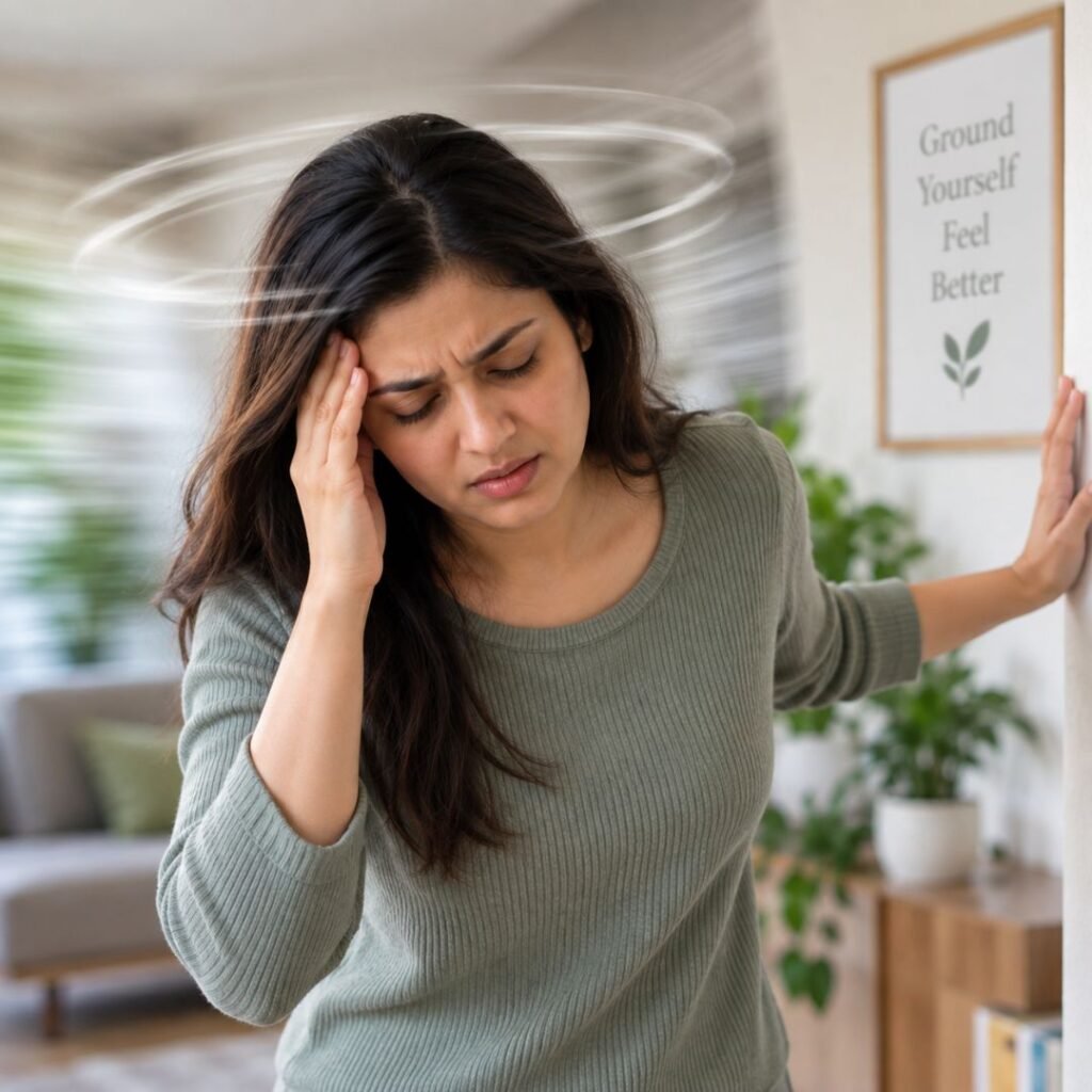 Woman experiencing dizziness and balance difficulties associated with vestibular migraine