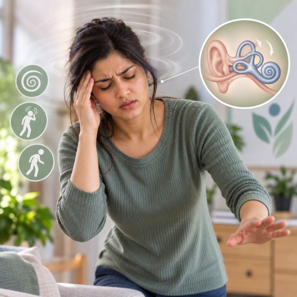 Woman experiencing dizziness with an inner-ear balance system illustration