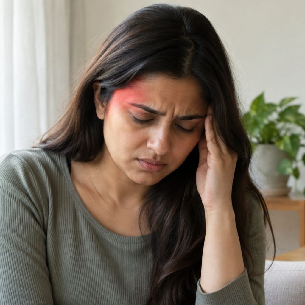 Woman experiencing migraine headache without visual aura