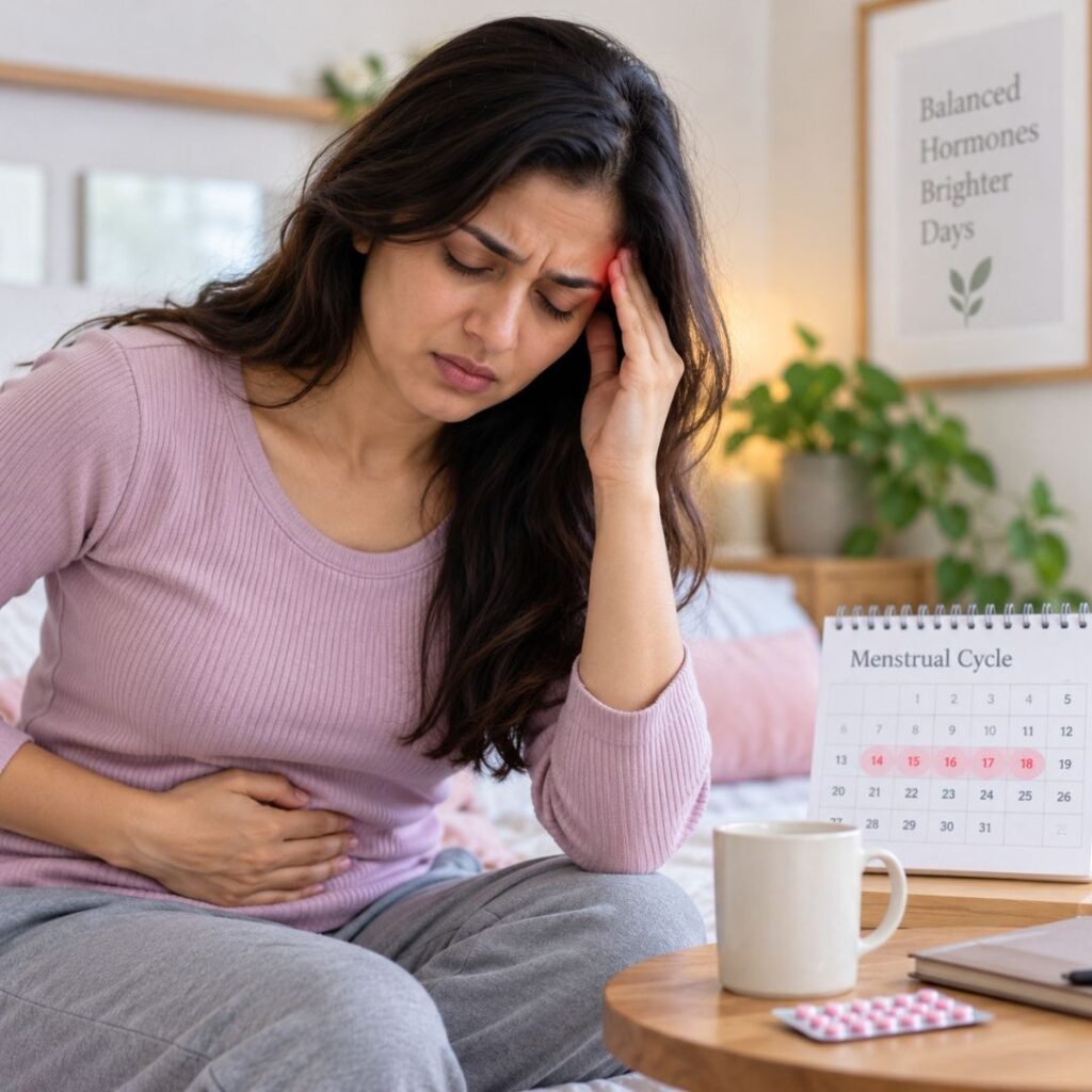 Woman experiencing migraine symptoms during her menstrual cycle