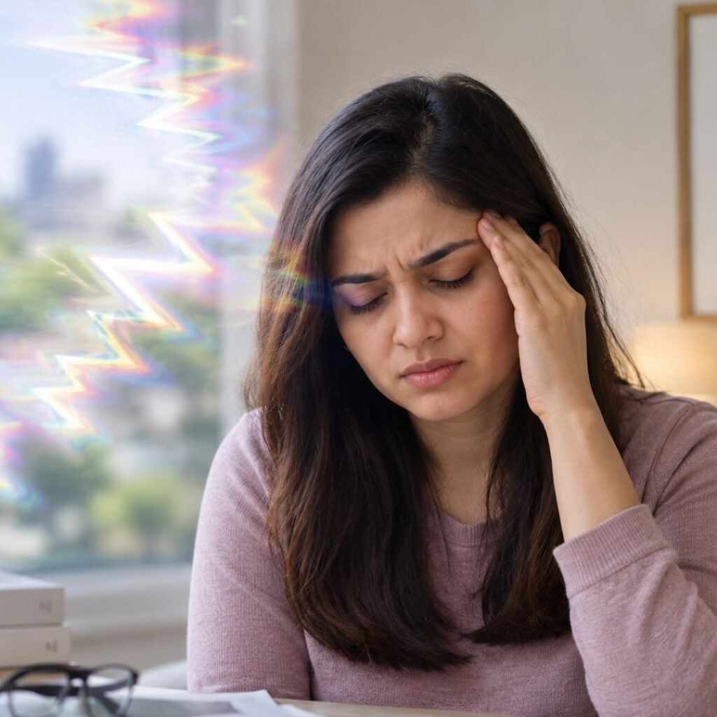 Woman experiencing migraine with visual aura and light disturbances