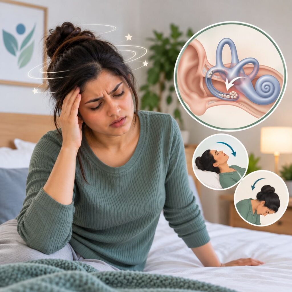 Woman experiencing positional vertigo with an inner-ear crystal illustration