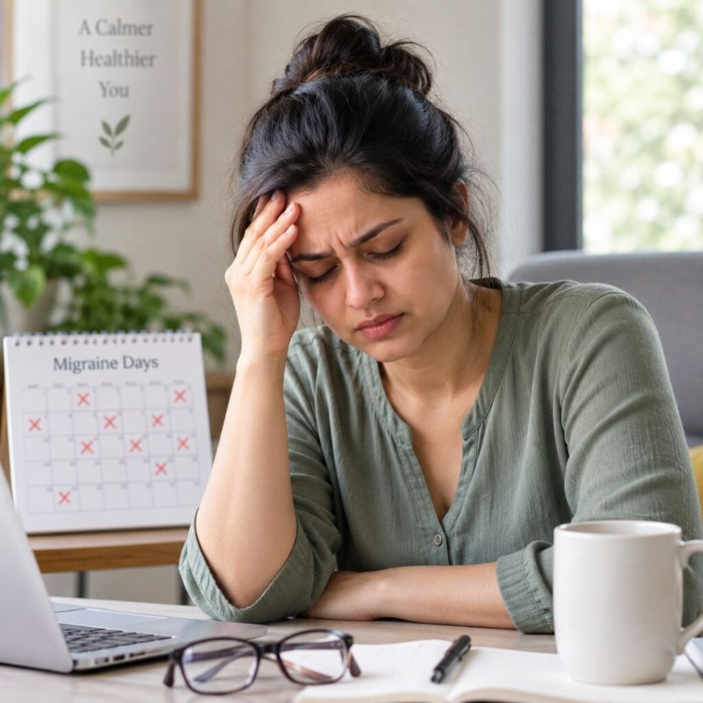 Woman experiencing recurring chronic migraine headaches