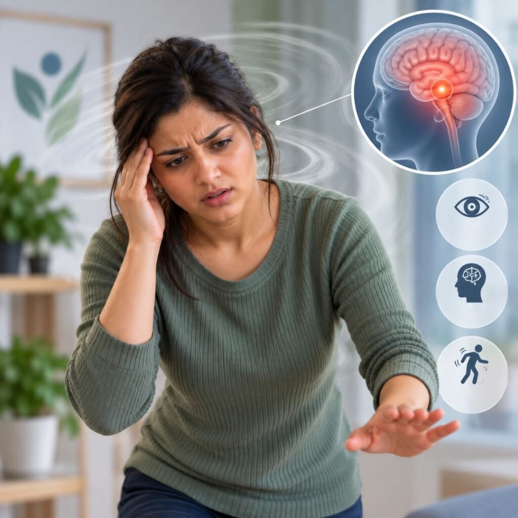 Woman experiencing vertigo with a brain and balance-control illustration