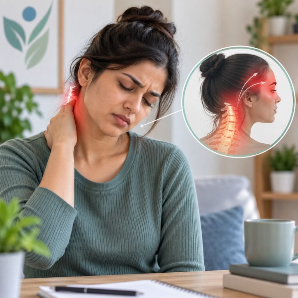 Woman holding her neck while experiencing a cervicogenic headache