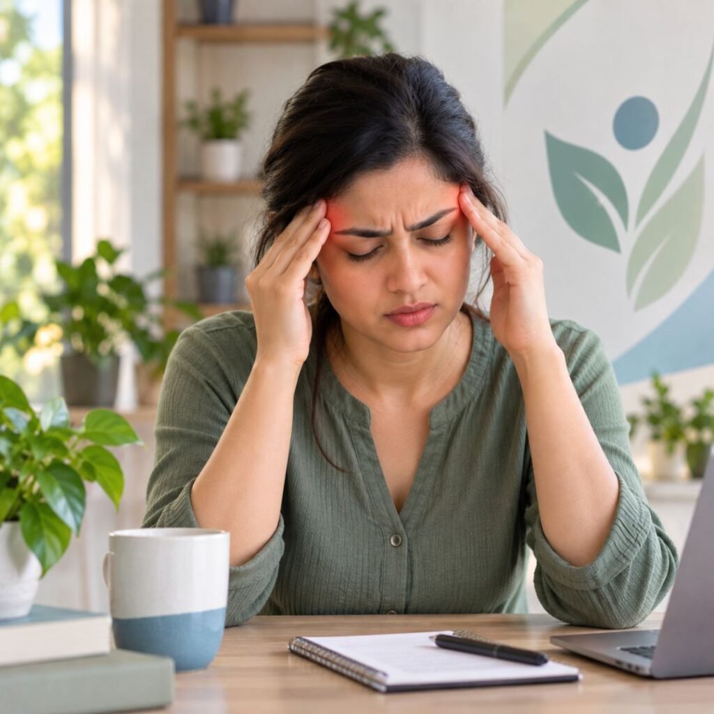 Woman pressing her temples while experiencing a tension-type headache