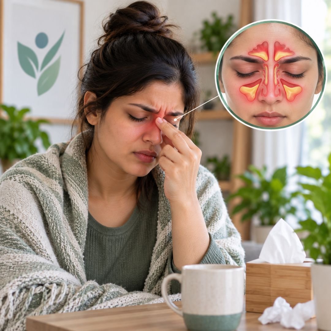 Woman pressing the bridge of her nose while experiencing sinus-related headache pressure