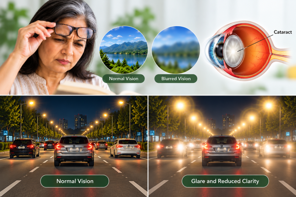 Cataract-related blurred vision and glare